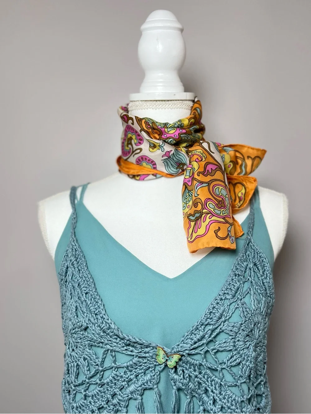 Vintage 1970s 100% Silk Long Paisley Floral Scarf Wrap Orange Boho Festival 🧡